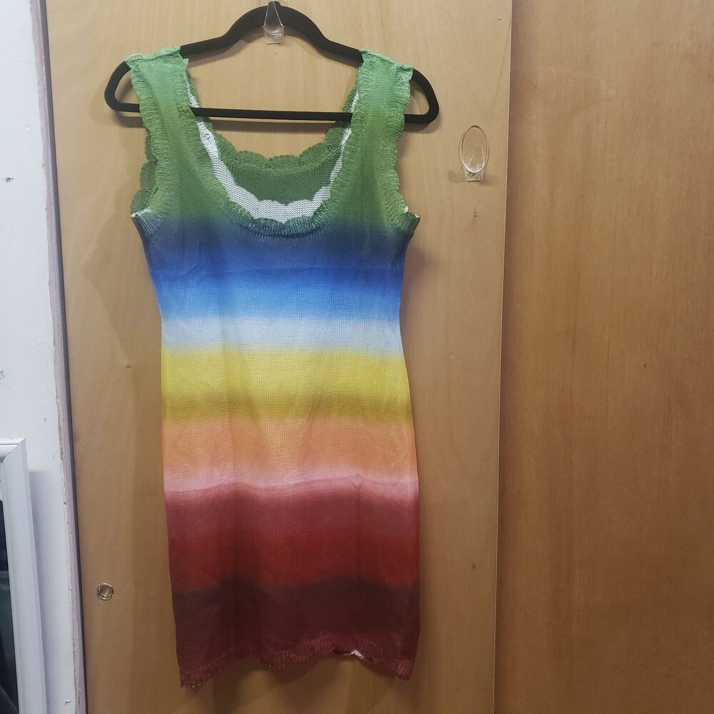 SHEIN Rainbow ombre crochet knit dress Sz Med OOO PIT-PIT 16" SHOULDER-HEM 34"